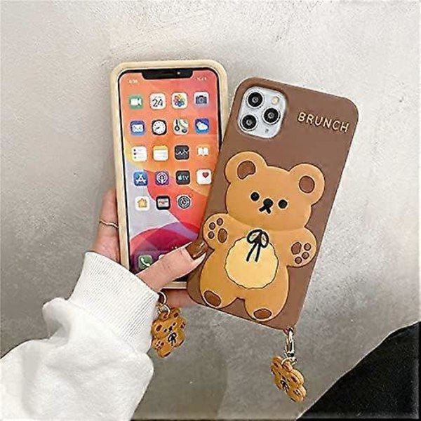 Ultra Tjockt Mjukt Silikonfodral med för Apple 3D Cartoon Färg Söt Söta Roliga Bedårande Kawaii Barn Flickor Pojkar (Beige Björnunge med Charm, för iPhone 13 Pro)