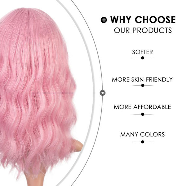 Ljusrosa peruk för kvinnor kort lockig vågig bob peruk 14 tum axellängd mittdel kort rosa peruk värmebeständig syntetisk fest kostym cosplay Wi