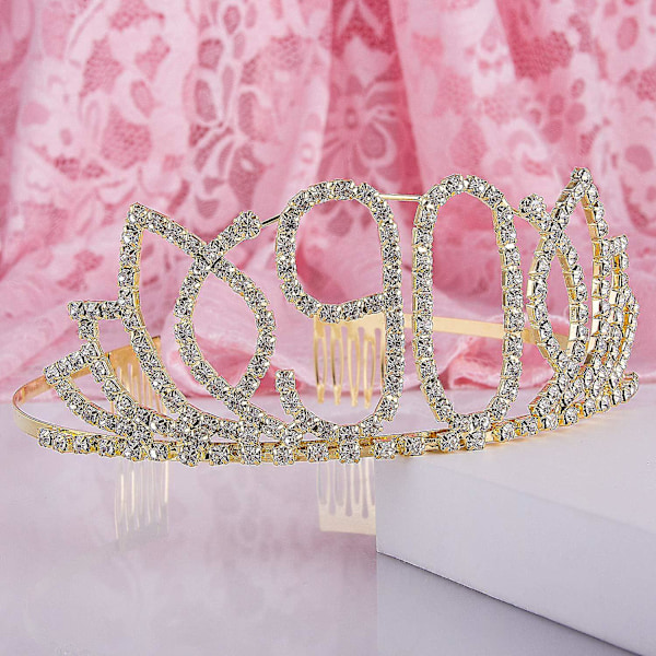 Princess Sweet Girls Crystal 21th Birthday Tiaras Rhinestone Queen Crown Headband Bridal Shower Crowns With Hair Combs Gold