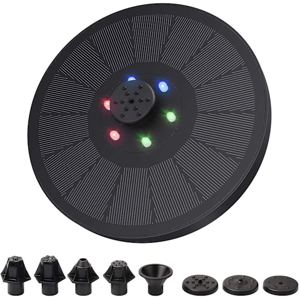 Solcellsdriven fontänpump, Uppgraderad 3w fågelbadsfontän med LED-lampor, 7 vattenstilar och fixeringsanordning, solcellsdriven vattenfontänpump med lagringsbatteri för