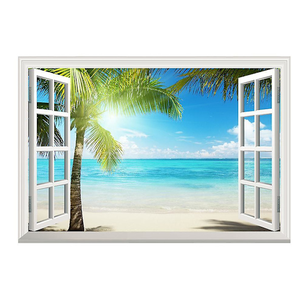 GHYT Tropisk ö Strand, Sommar 3d Fönsterutsikt Väggklistermärke Affisch Dekal, 1 st