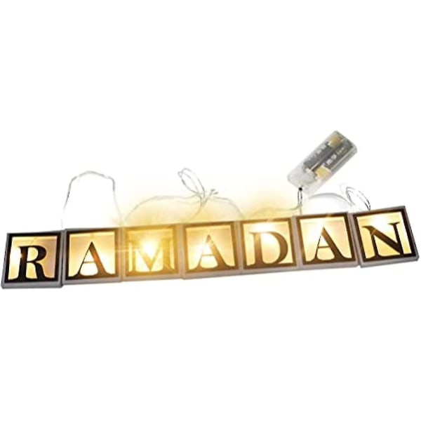 Ramadan Led -valot Koristevalot, paristokäyttöiset puiset ontot kirjaimet riippuvalaisimen koristelu Ramadan Eid Mubarakin kotiin (a)