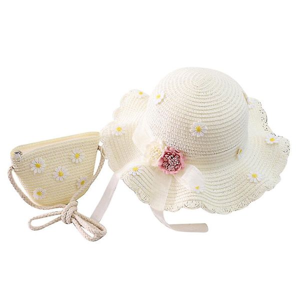 2 st Fashion Bag Barn Daisy Solhatt Flickor Sommar Strandhatt Vågig Halmhatt Topee Barnhatt Och Väska För Flickor (Mjölkvit)（Vit）