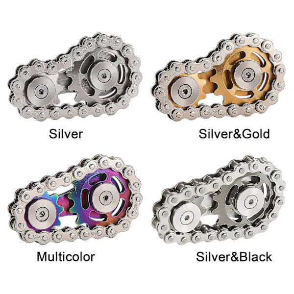 Cykelkedjefidgetspinner i metall, högkvalitativt rostfritt stål, 5 x 5 x 3 cm, hållbar gyro (silverguld)