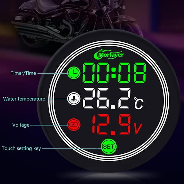 Timer, tid, luft- eller vandtemperaturmåler, voltmeter til motorcykel