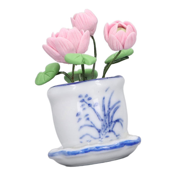 1:12 skala dockhuskruka med lotusblomma, miniatyrdekoration i harts, liten kruka med lotusblomma