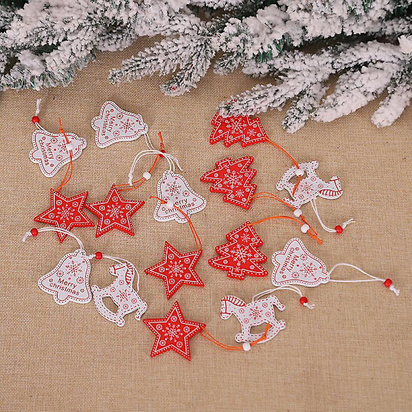 Set med 6, 12 st juldekorationer, träjulhängen, julgransdekorationer, jultomte, snögubbe, ren, hängande för jul