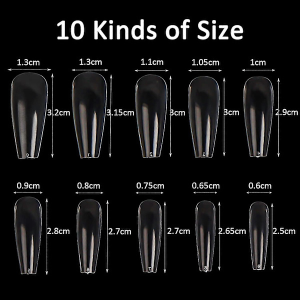 Långa Falska Naglar Kista Falska Naglar Fulltäckande Längd 200 Stycken Artificiella Fingernaglar Spets med Fodral för Nagelsalonger och DIY Nagelkonst, 10 Storlekar