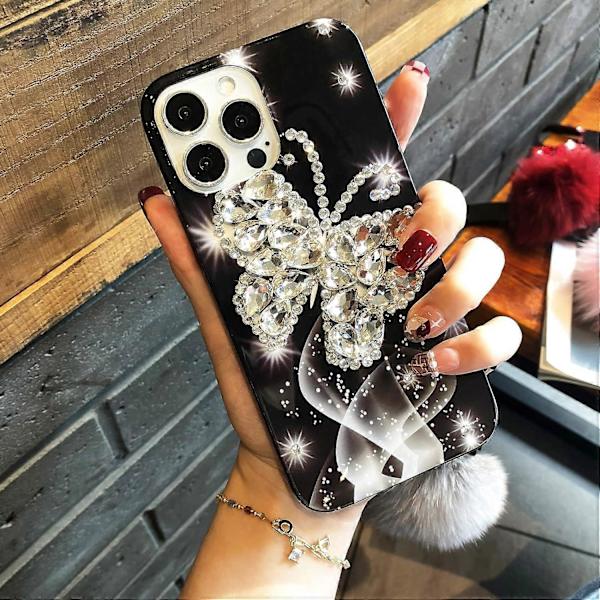iPhone 13 Girly Case Bling Glitter 3D Diamant Rhinestone Case Söt för Kvinnor Flickor Sparkle Shiny Lyx Kristall Fjäril med Plysch