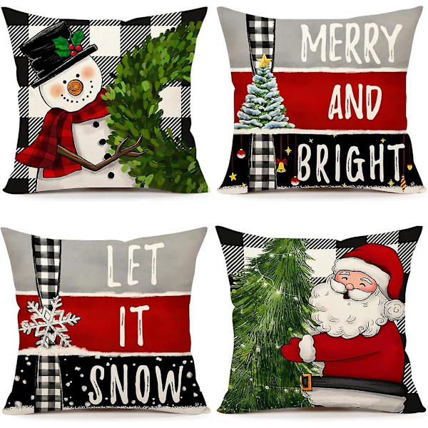 Julkuddar 18x18 Set om 4 Rosa Ränder Tomte Snögubbe Snöflinga God Jul Gran Låt Det Snöa
