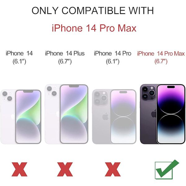 iPhone 14 Pro Max-fodral, iPhone 14 Pro Max-fodralplånbok för kvinnor och män, hållbart PU-läder med magnetiskt spänne, flipp, handledsrem, blixtlås, kortfack, telefonfodral