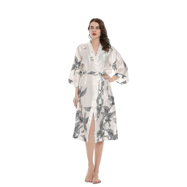 Z Kimono Robe Satin Nattøj Bluse Silkeagtig badekåbe Floral Crane Natkjole