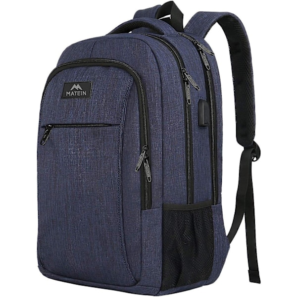 Laptopryggsäck med USB-laddningsport, smal reseryggsäck för män och kvinnor, vattenavvisande bokväska som passar 15,6 tums laptop, blå