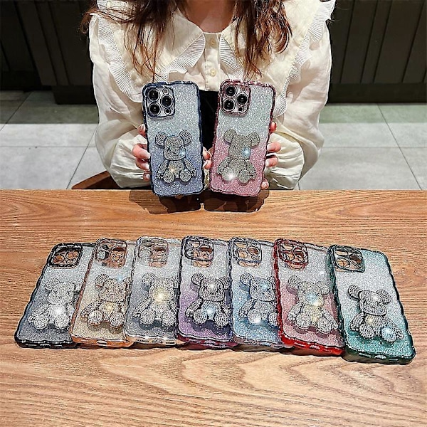 iPhone 14 Pro Telefonfodral Teddy Candy Bear Kawaii Glittrande Diamant Söt 3D Björnunge Galvaniserad Vågkant Mjuk TPU Stötsäker för Kvinnor och Flickor-A30093A