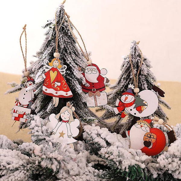 12 st juldekorationer, träjulhängen, julgransdekorationer, julgranshänge, tomte, snögubbe, ren, hängande för julgran