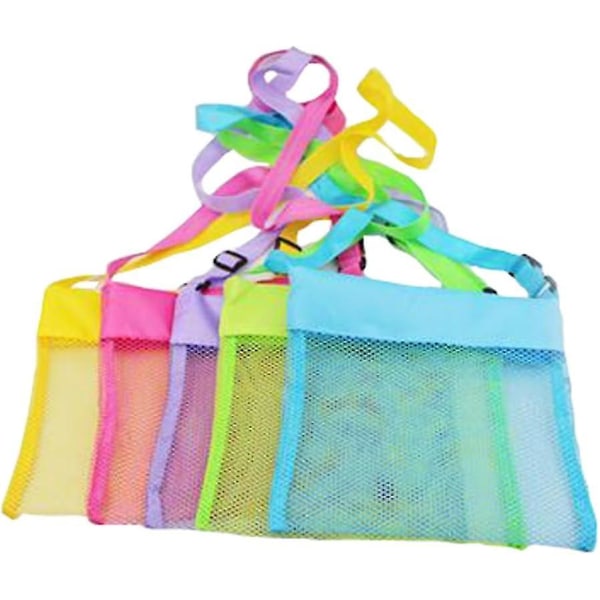 5 stk. farverige strandtasker i mesh - Åndbare skaldyr tasker med justerbare stropper - Gul, Pink, Lilla, Grøn, Blå (5 stk.) snngv