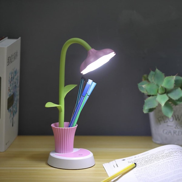 Dimbar sengelampe med berøringssensor, øyevennlig leselampe med pennholder, USB-oppladbar bordlampe for barn (rosa)