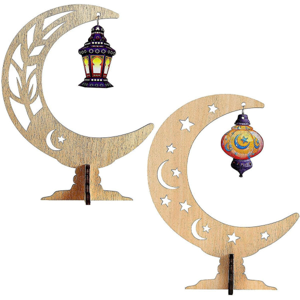 2 stykker Ramadan Eid Mubarak Ornamenter Træ Moon Star Light Bordplade Ornament Ramadan Hængende Pendant_Aleko