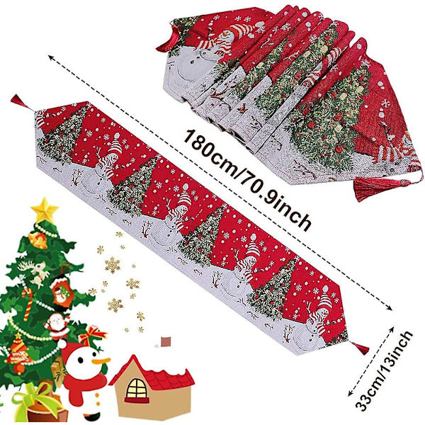 Bhgwr Julbordstablett, 180 X 34cm Röd Julduk Och Rektangulära Löpare Med Snögubbe-Träd Mönster, Lång För Dekoration