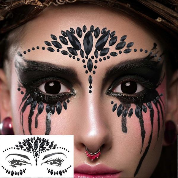 2 st, Ögon Kropp Ansikte Pärlor Röda och Svarta Strass Tatuering Dekaler för Halloween Makeup Självhäftande Kristall Makeup Diamanter Ansikte Tatuering Dekal