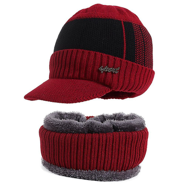 Mænd Baseball Snapback Cap Beanie Hat Fleeceforet Halsrør Tørklæde Sæt Vinter Outdoor Varme Kits（Rød）