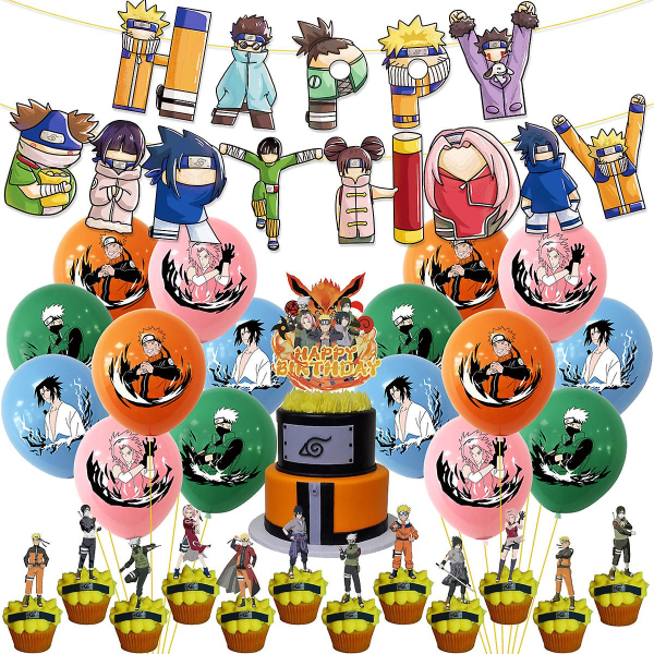 Naruto-tema Födelsedag Drag Banner Ballong Tårta Set Naruto Anime Festdekoration Tillbehör