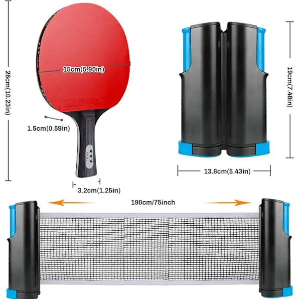 Kannettava pöytätennismailasetti 2 mailaa 3 palloa 1 pöytätennisverkko ammattimainen ping pong -maila kaksoisvetoketjullisessa kotelossa