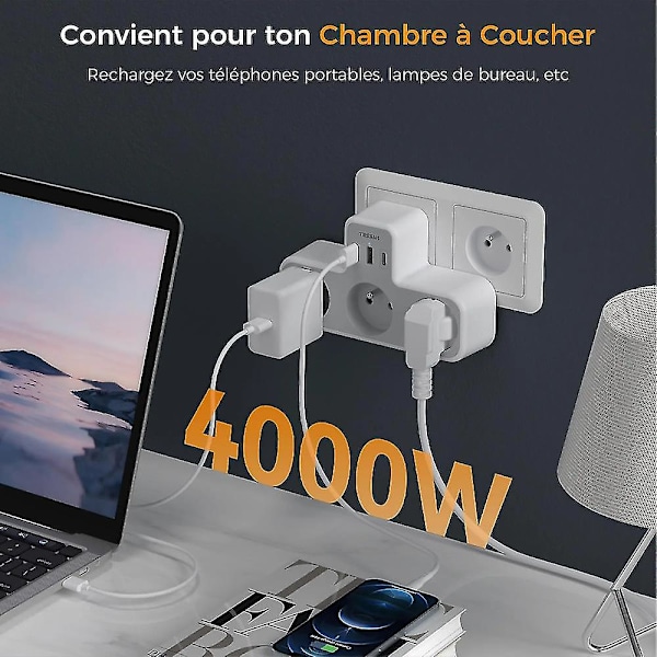 Multi Wall Socket, 3 Wall French Sockets, 1 USB Socket With 2 USB C, 6-in-1 Electric USB C Socket