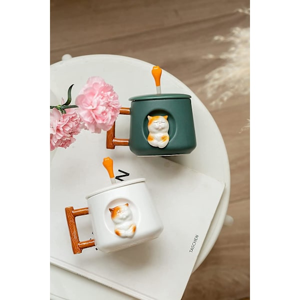 Keramisk kaffemugg med lock och matchande sked, perfekta presenter - 414 ml (vit)