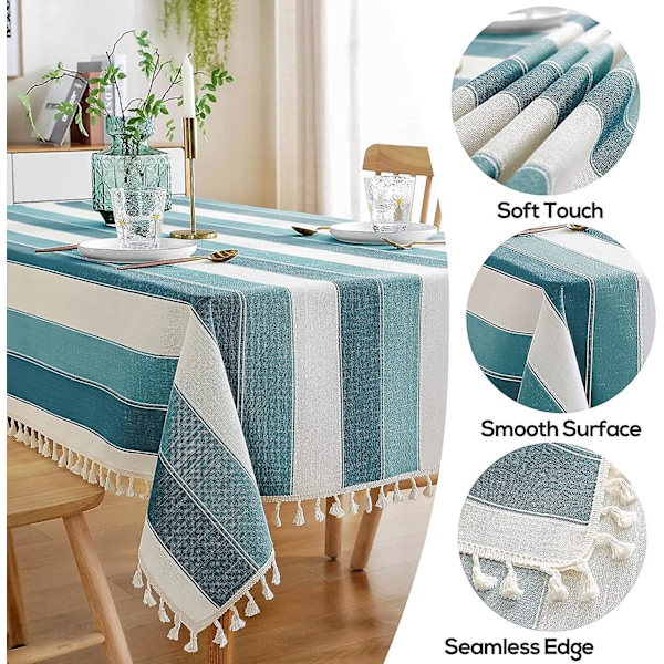 Randig Duk med Toppar, Sydd Rektangulär Bordsduk i Bomull och Linne för Köksbord, Matbord, 137 x 218 cm, Teal