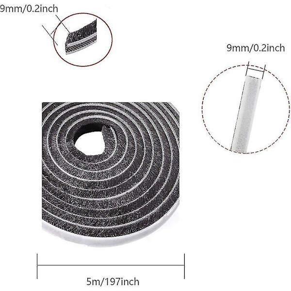 10 m harjatiiviste, tuulenpitävä ja pölytiivis itseliimautuva harjatiiviste liikkuviin ikkunoihin ja oviin, 9 mm leveys x 9 mm korkeus (musta) Cisea