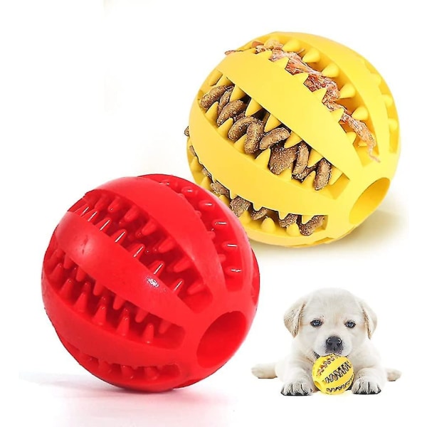2st hundleksaksbollar, naturgummi, boll med tänder rengöringsleksak (gul & röd)