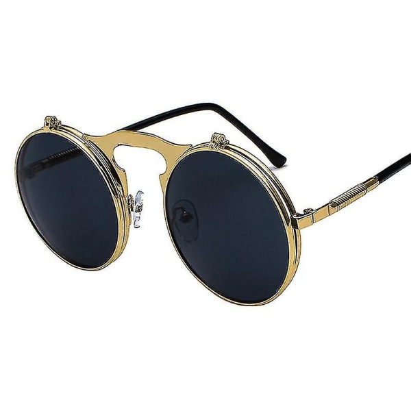 Miehet Naiset Retro Flip Up Ympyrä Steampunk Aurinkolasit Suojalasit Pyöreät Aurinkolasit Vintage silmälasit (Kultarunkoiset mustat harmaat linssit)