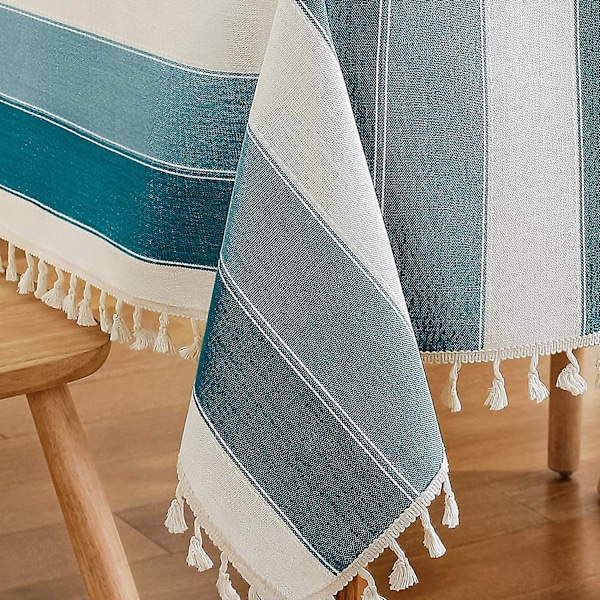 Randig Duk med Toppar, Sydd Rektangulär Bordsduk i Bomull och Linne för Köksbord, Matbord, 137 x 218 cm, Teal