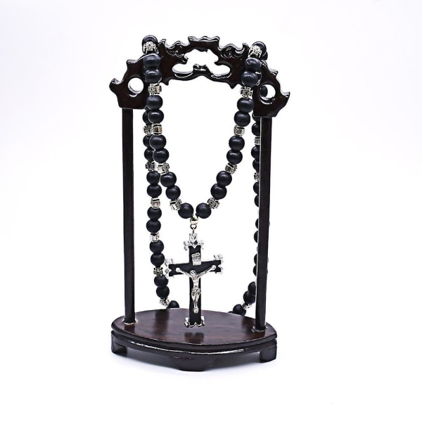 Langperlet kjede rosenkrans halskjede med Jesus Crucifix Cross Pendant Hvite keramiske perler Halskjede Religiøse smykker svart