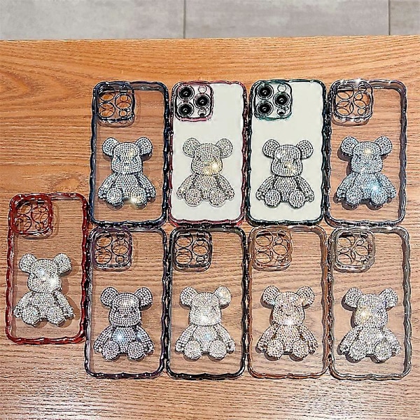 iPhone 14 Pro Max Telefonfodral Teddy Candy Bear Kawaii Glittrande Diamant Söt 3D Elektropläterad Vågkant Mjuk TPU Stötsäker för Kvinnor och Flickor-A30084A