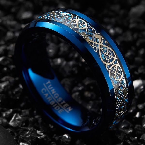 Blå Tungsten Carbide Ring Celtic Dragon Blå Kolfiber Bröllopsband 8mm