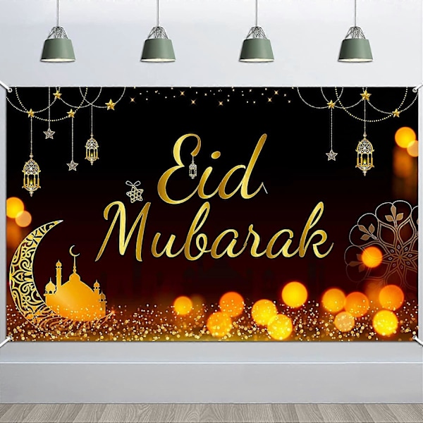 Eid Mubarak-banderoll för Eid Mubarak-festdekoration Svart guld tyg Fotobås Bakgrund Fotobakgrundsbanderoll för trädgård Bord Vägg Muslimer