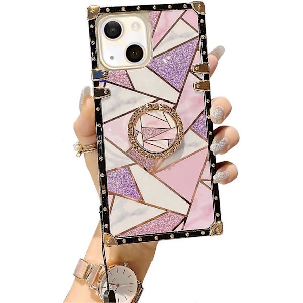 TPU Lyxigt Fodral med Snodd för iPhone 13 6.1\" Stötsäkert Skyddande Robust Fodral Passar Apple iPhone 13 med Ringstativ Kvadratisk Design Rosa