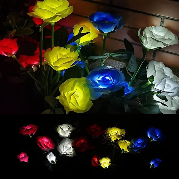 Solcellsdrivna trädgårdslampor, 2-pack LED-rosblommor Dekorativa staketlampor med 10 rosor