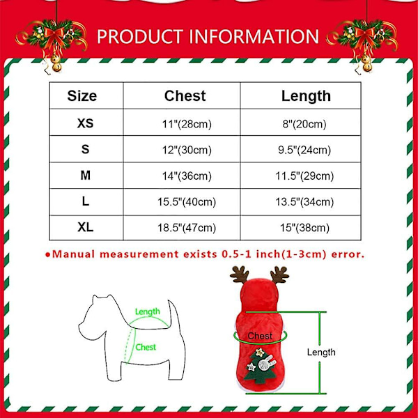 Juldräkt för hundar, Santa Claus-dräkt med mössa, hundhuvtröja, kattjuldräkter, festdräkt, varm på vintern (röd, xs)（S）