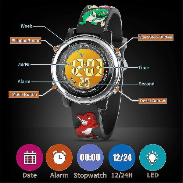 Lasten led-dinosauruskello Watch digitaalinen watch vedenpitävä 7 värivaloa hälyttimen sekuntikellolla lahjoilla (musta)