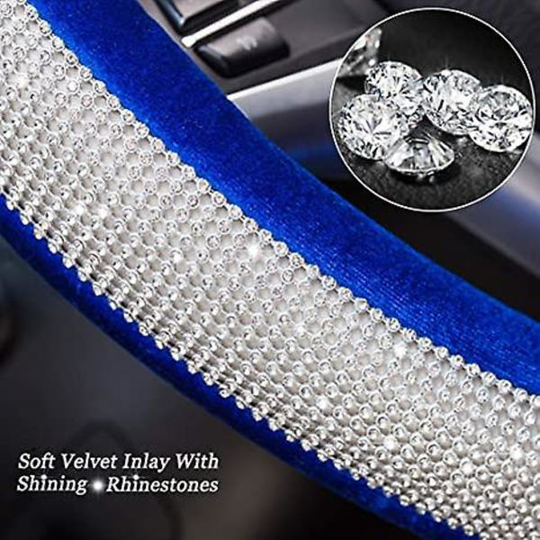 Kristalldiamant rattmuff mjuk sammetskänsla Bling rattmuff för kvinnor Universal 15 tum plyschhjulsskydd Blå sammet Vit Diamo