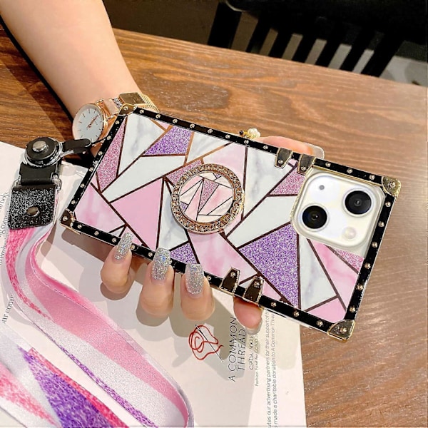 TPU Lyxigt Fodral med Snodd för iPhone 13 6.1\" Stötsäkert Skyddande Robust Fodral Passar Apple iPhone 13 med Ringstativ Kvadratisk Design Rosa