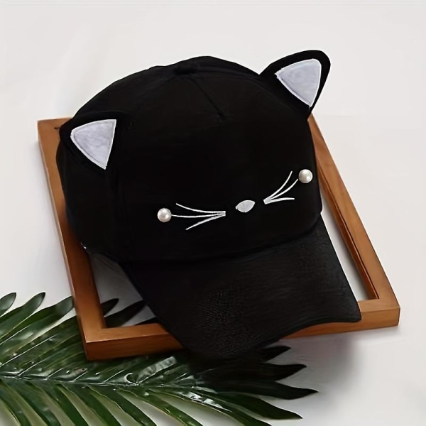 Cat Pearl Ears Baseballhatt Uformell solskjerm for kvinner Topplue Trendy hatt Svart（svart）