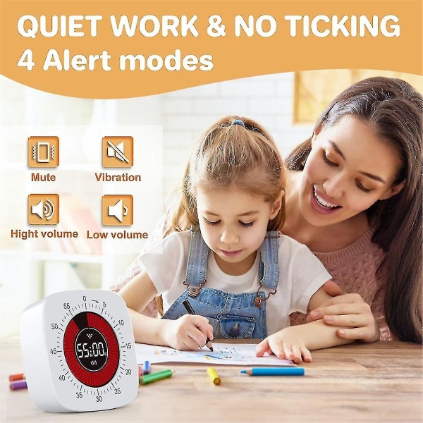 Visuell timer for barn, digital timer med 60-minutters nedtelling, stille timer for skrivebord, timerklokke for