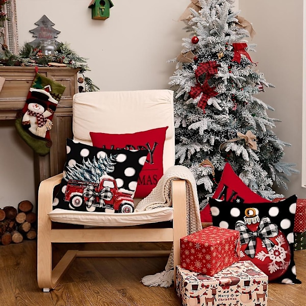 Jul Kuddfodral 45x45cm 4-pack, prickiga rosett träd lastbil snögubbe juldekoration glad jul vinter kudde kuddfodral soffa