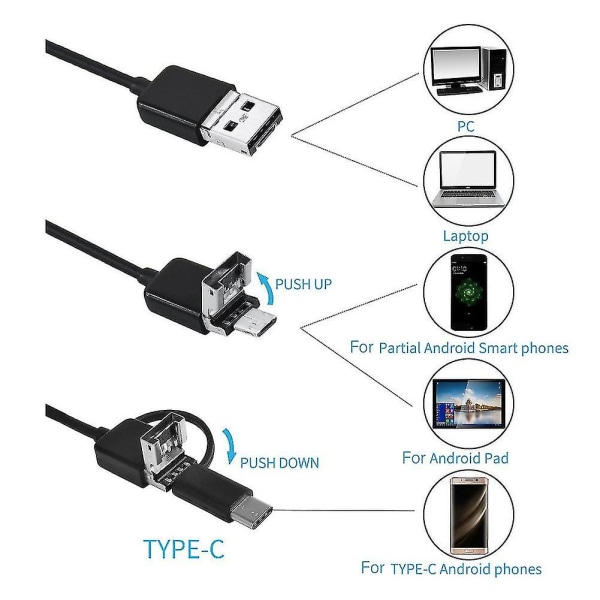 Hiborth 1/2/5m Micro USB Type-C vandtæt endoskopinspektionskamera til Android-telefon
