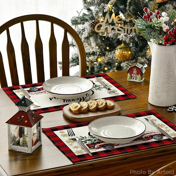 Röd och svart buffelrutig lastbil God Jul Servetter Set om 4, 30,48 x 45,72 cm Vinter Jul Semester Bordsskydd för Fest Dekoration