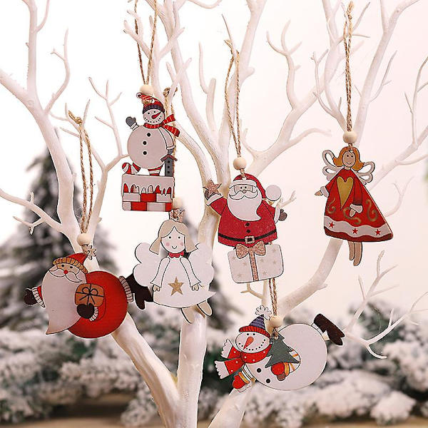 12 st juldekorationer, träjulhängen, julgransdekorationer, julgranshänge, tomte, snögubbe, ren, hängande för julgran